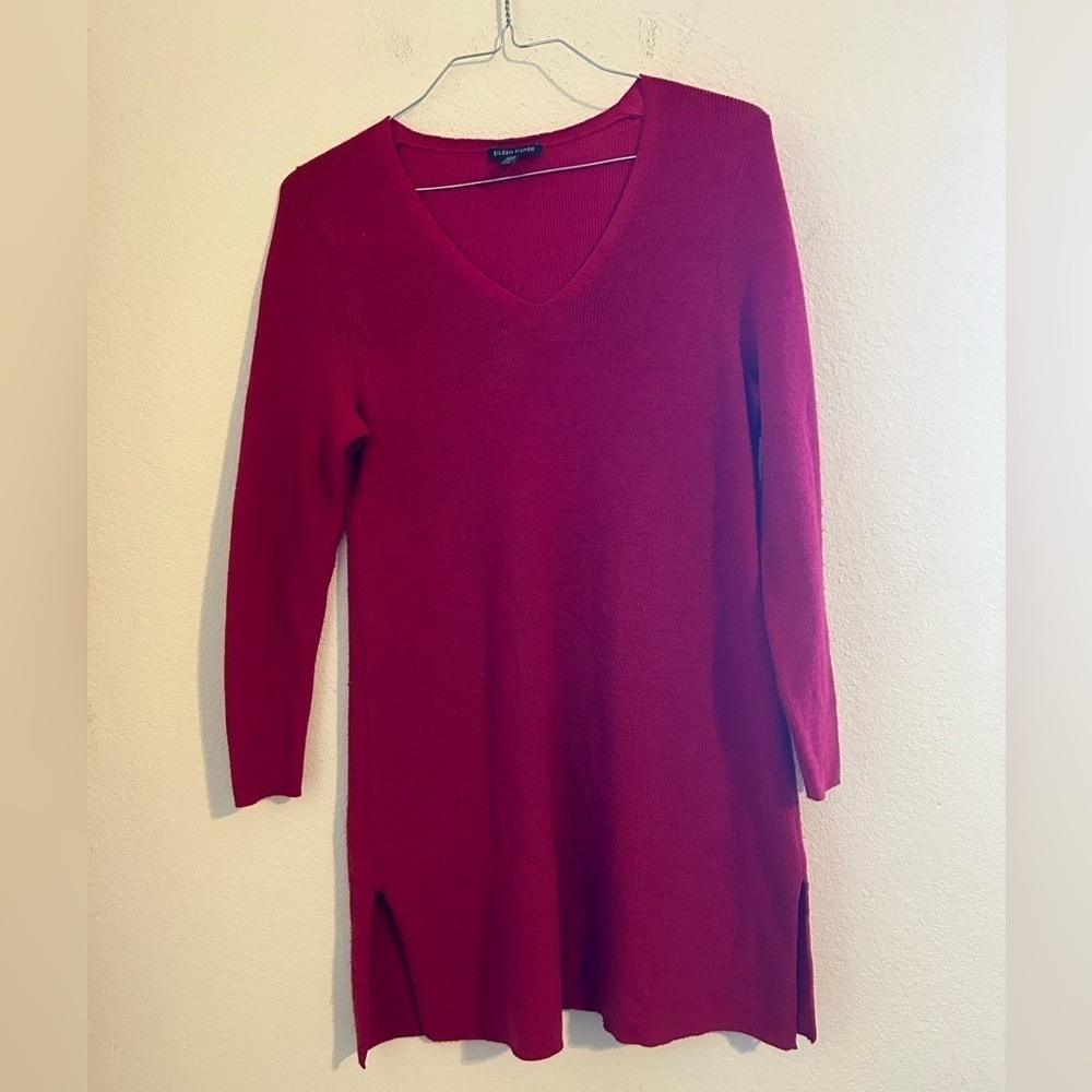 EILEEN FISHER Washable Wool Fine-Crêpe V-Neck Dress Red Relaxed Fit Sz M Casual